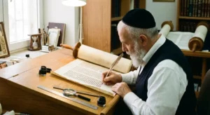 סופר סת"ם כותב ספר תורה מהודר על קלף בשימוש בקולמוס ודיו