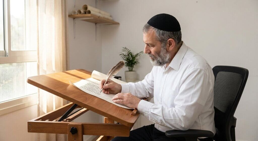 סופר סת״ם יושב בתנוחה נכונה ליד שולחן כתיבה מתקפל