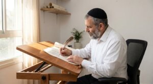 סופר סת״ם יושב בתנוחה נכונה ליד שולחן כתיבה מתקפל