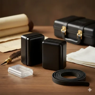 ערכת תפילין מהודרת עם אביזרי תחזוקה על שולחן עץ - איך לשמור על תפילין