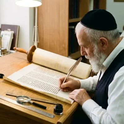 סופר סת"ם כותב ספר תורה מהודר על קלף בשימוש בקולמוס ודיו